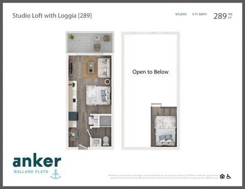 Floor plan for studio, 1 bath, 289 sqft